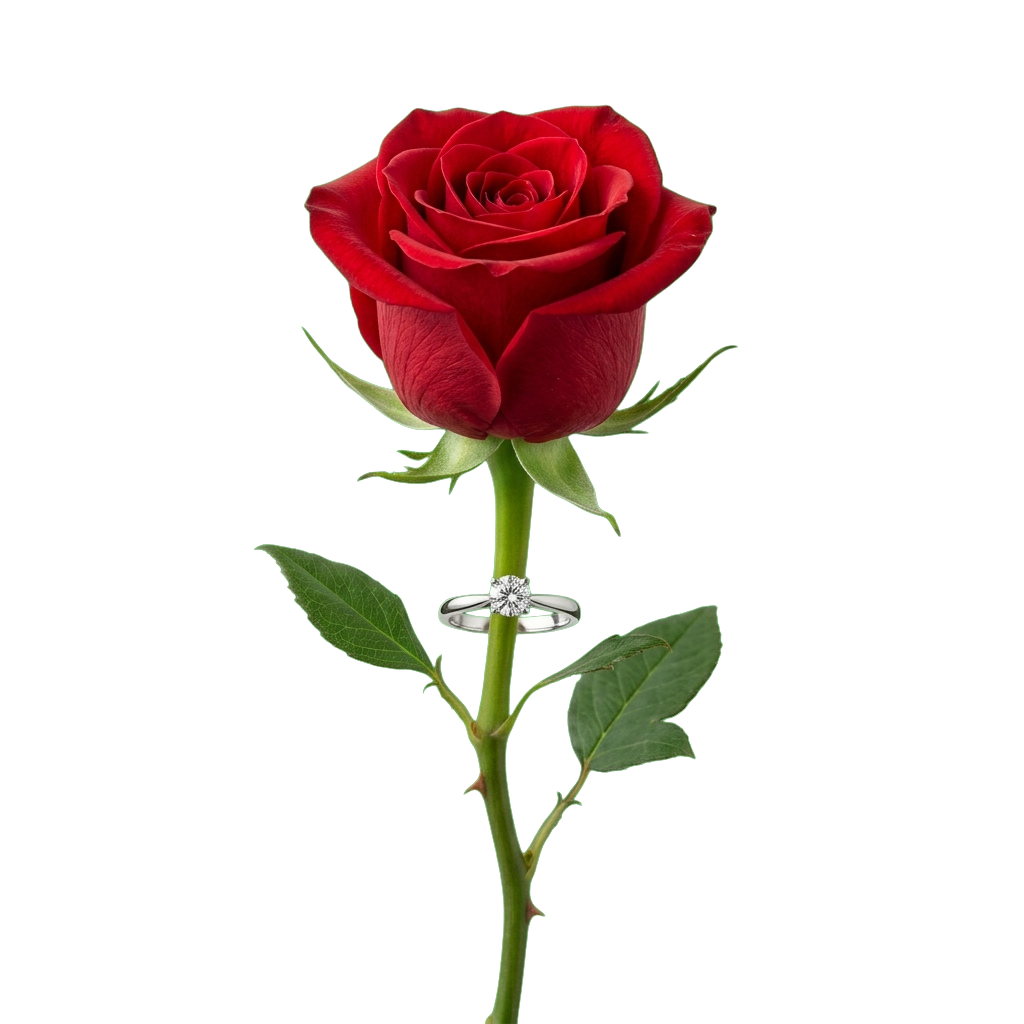 A vibrant red rose with a diamond ring placed on its stem against a black background