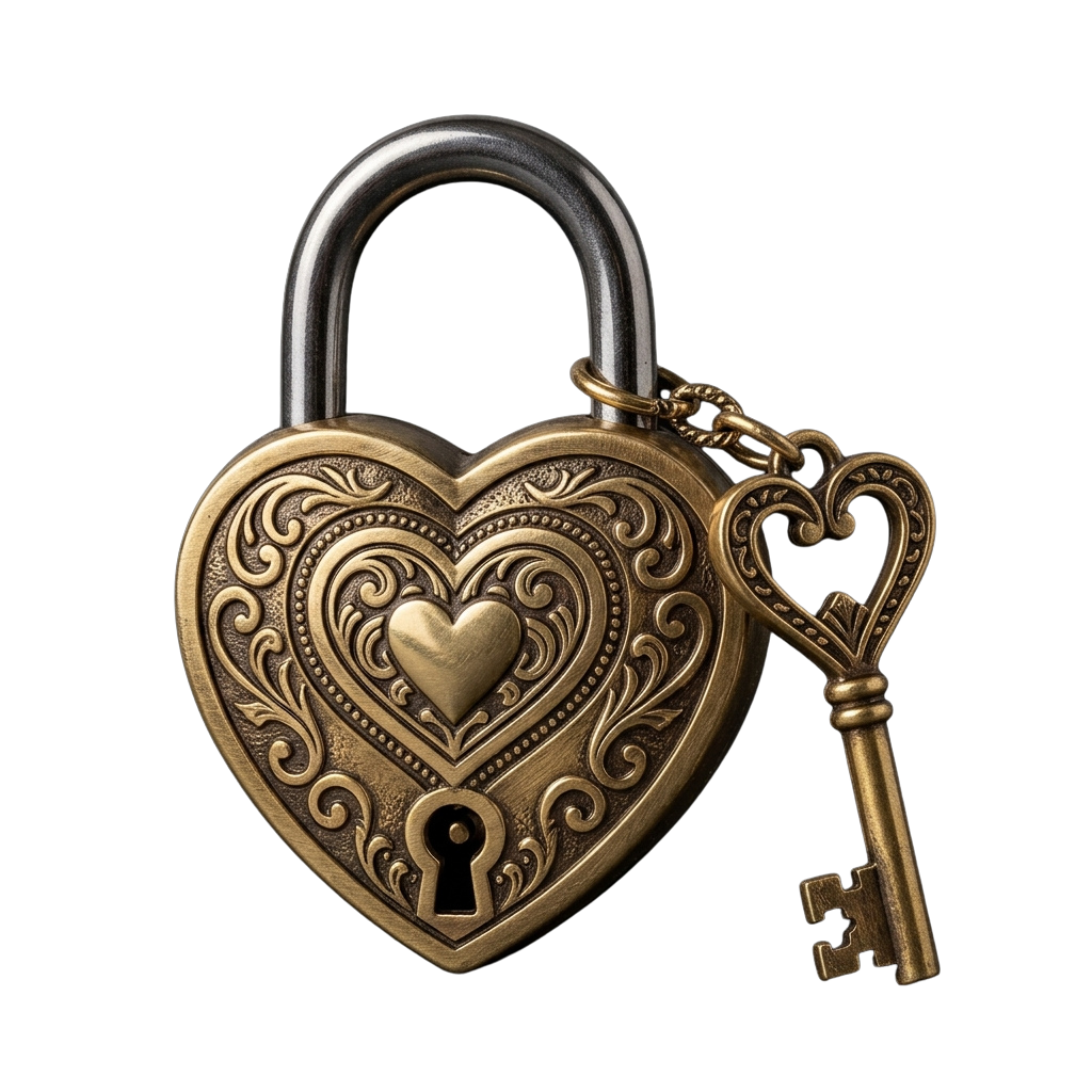 Intricate heart-shaped lock with a key, both gold-toned, against a black background