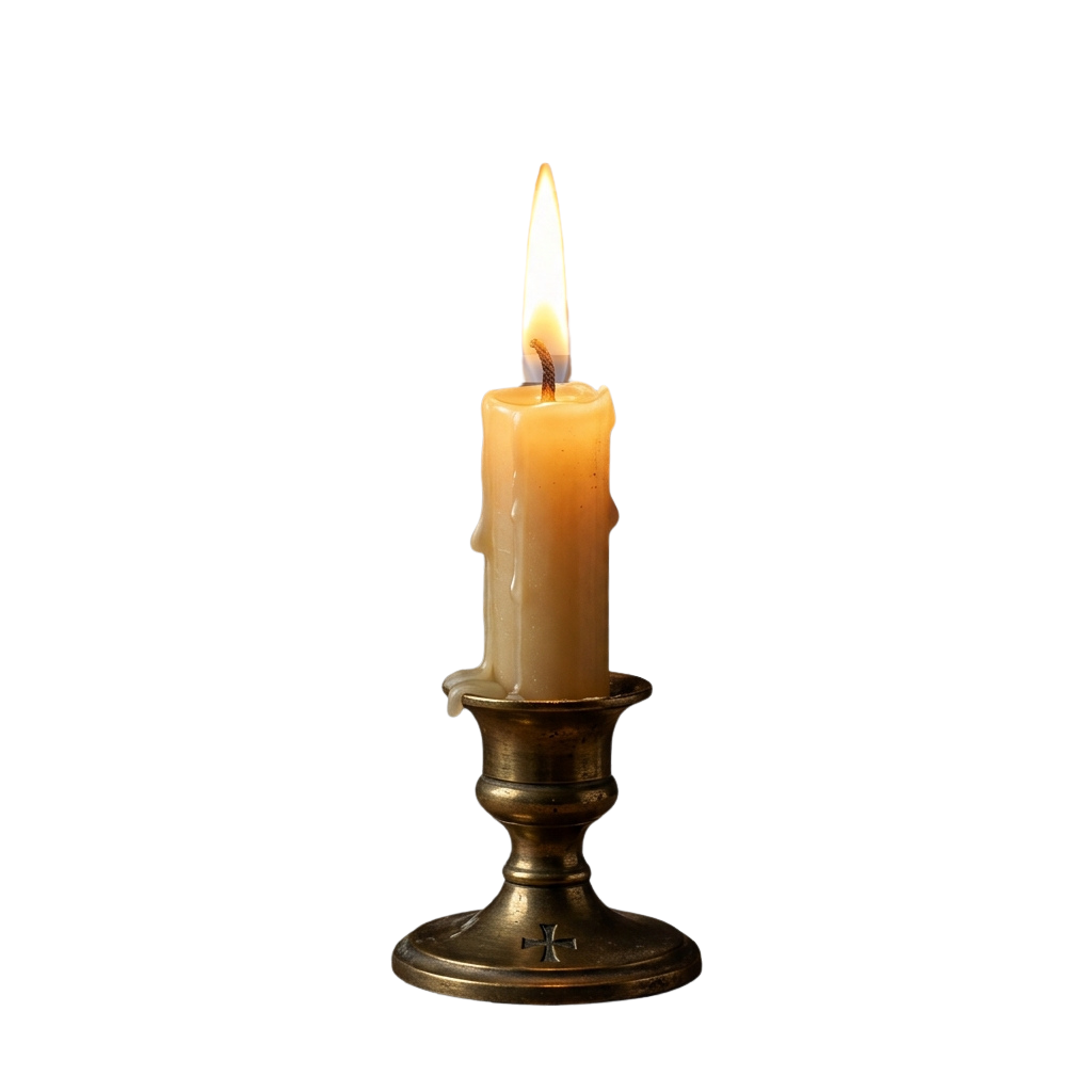 A single lit candle in a brass holder with a warm flame against a dark background