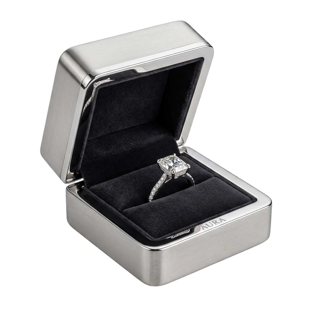 A diamond engagement ring displayed in an open silver jewelry box with black velvet interior
