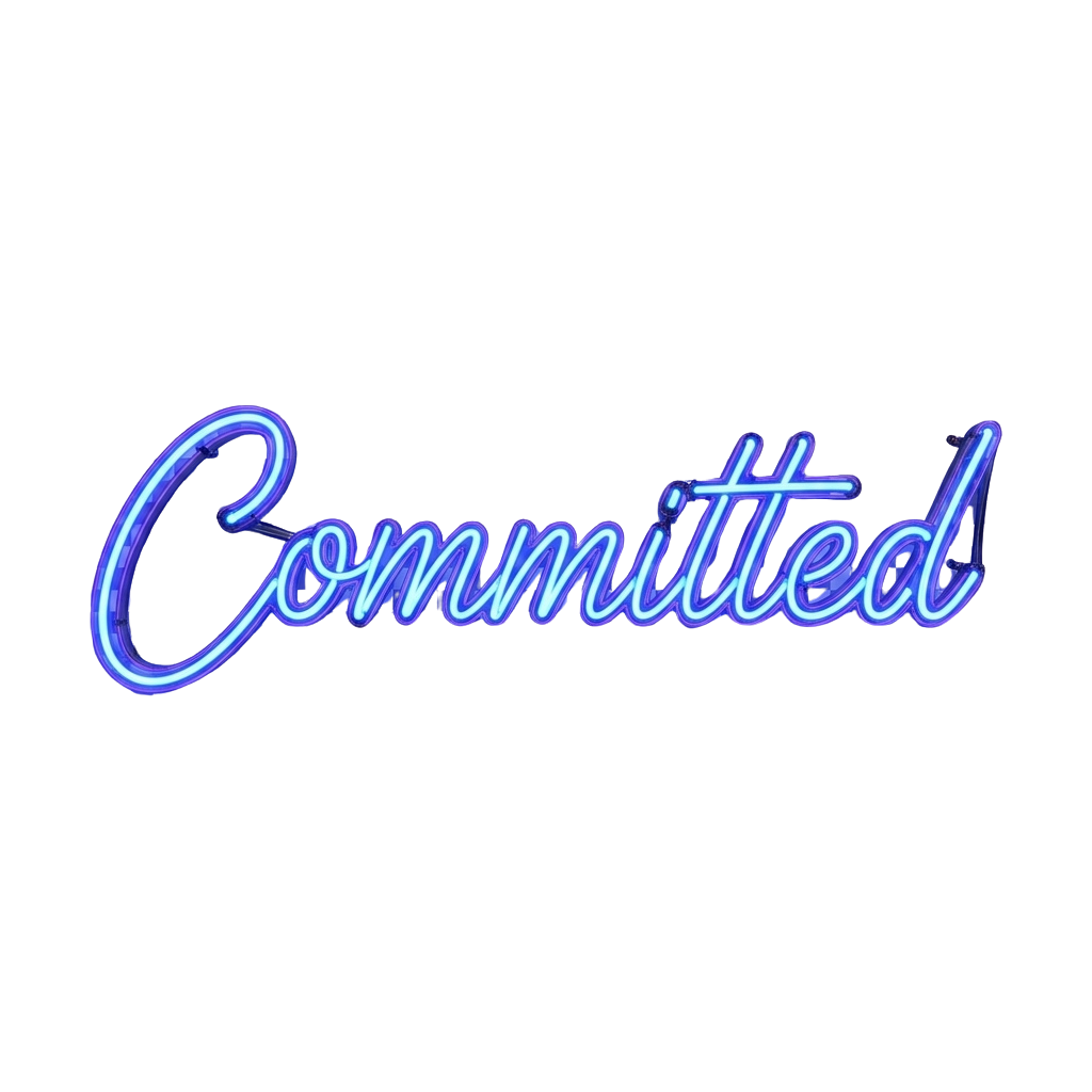 Cursive neon sign displaying the word Committed in blue light on a black background