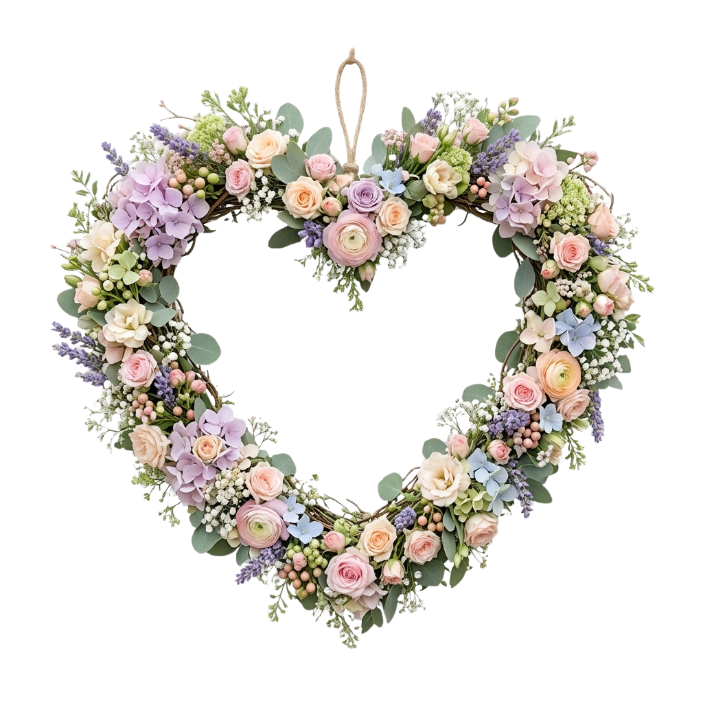 A decorative heart-shaped wreath made of roses, greenery, and small flowers on a black background