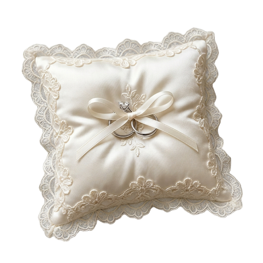 A square pillow with lace trim holding two rings tied with a satin ribbon bow.