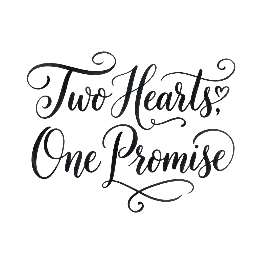 Elegant cursive text reading Two Hearts, One Promise on a dark background