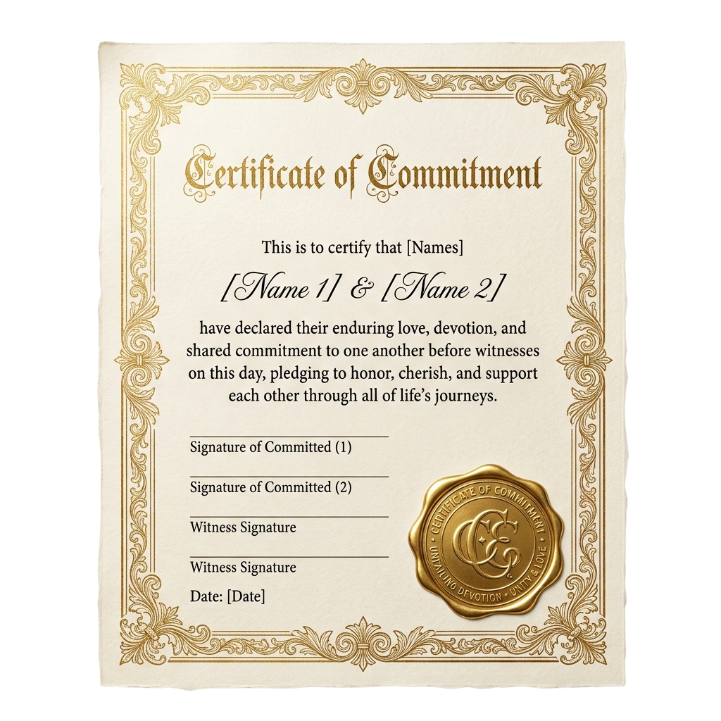 Elegant certificate declaring enduring love and commitment between two individuals with signature lines and date field