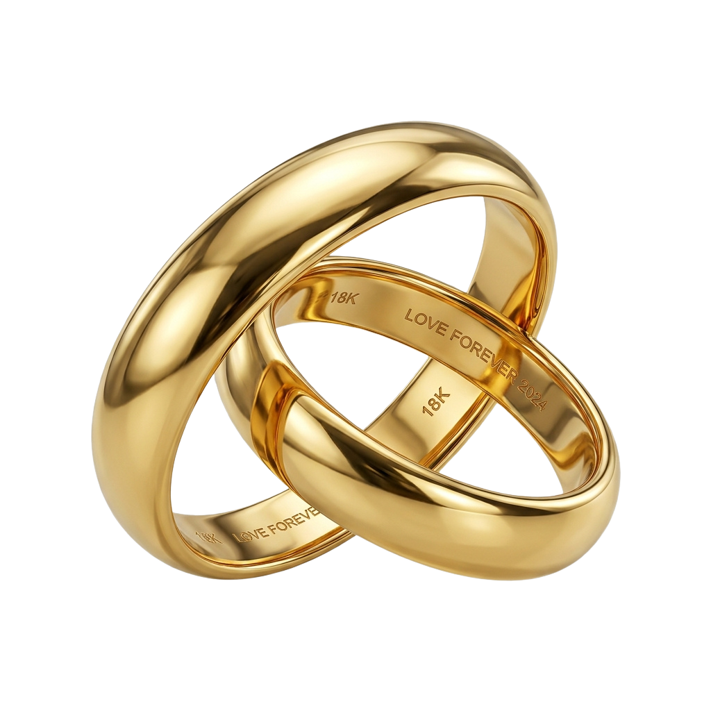 Two intertwined gold wedding rings with 18K marking and Love Forever inscription