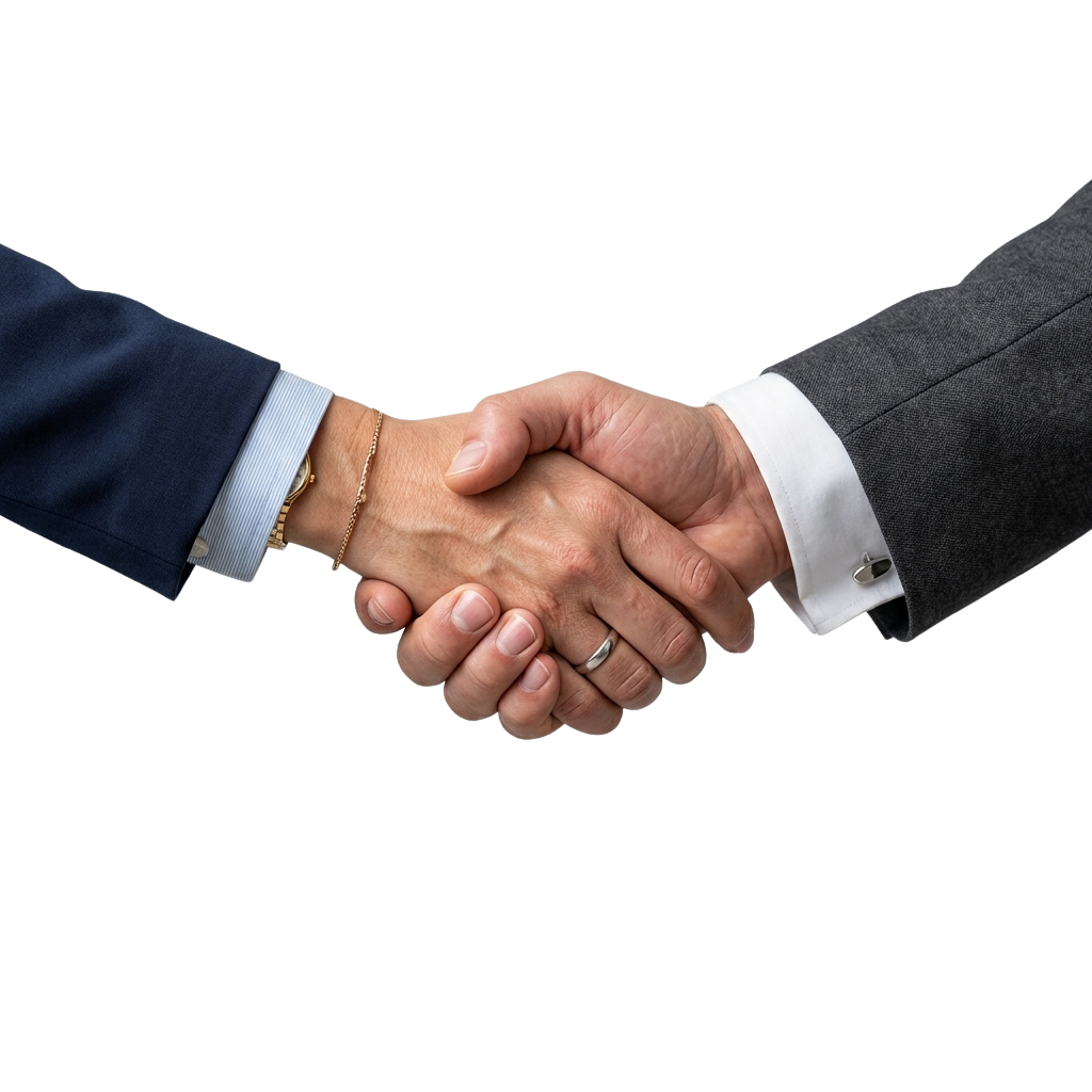 Two people shaking hands in a formal business setting, wearing suits and dress shirts