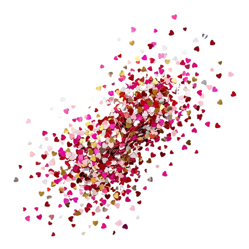 A dark background filled with scattered multicolored heart-shaped confetti in pink, red, gold, and white tones