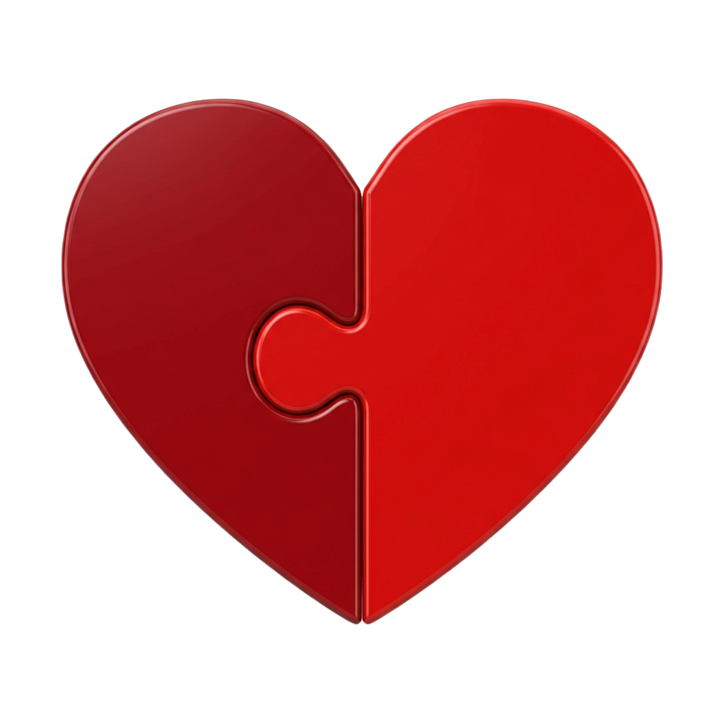 A red heart shape split into two puzzle pieces against a black background