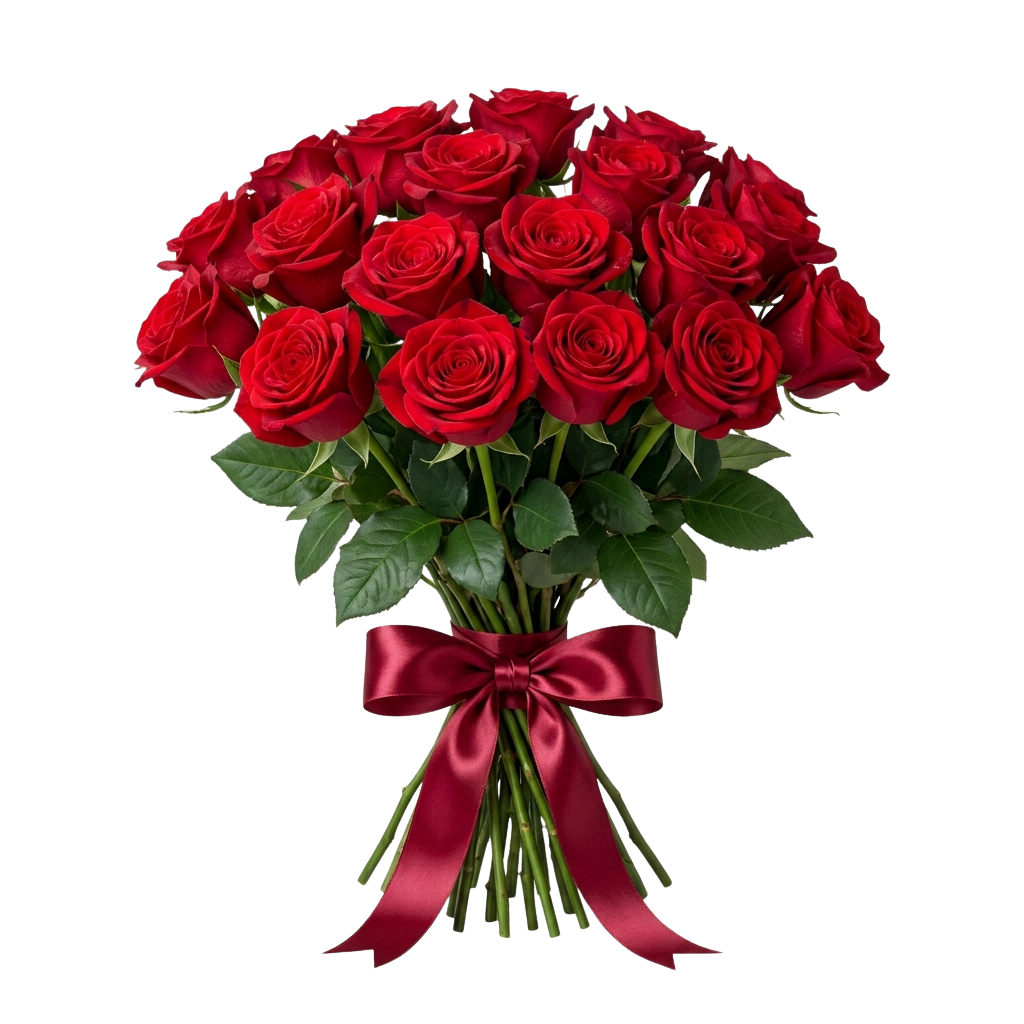 A lush bouquet of red roses tied with a red velvet ribbon