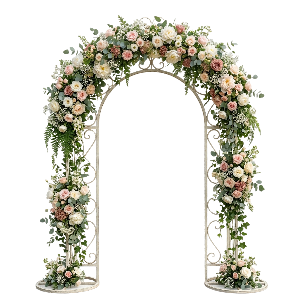 A decorative metal arch adorned with white, pink roses and lush green foliage
