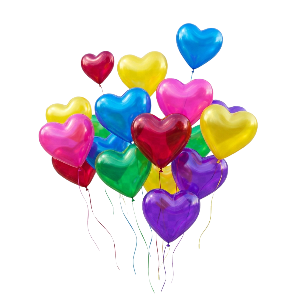 A cluster of heart-shaped balloons in multiple bright colors including red, pink, yellow, blue, and purple