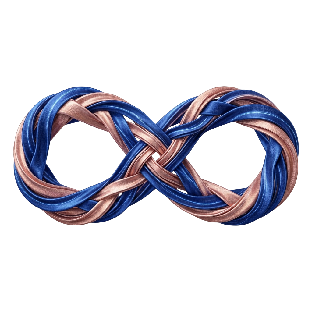 A stylized 3D infinity knot with blue and copper braided strands intertwined.