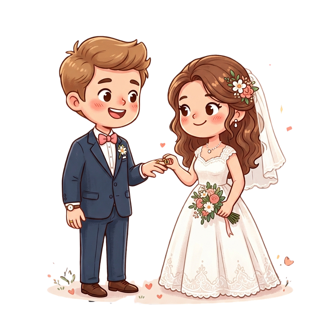 Illustration of a cartoon groom and bride exchanging wedding rings in a joyful wedding scene