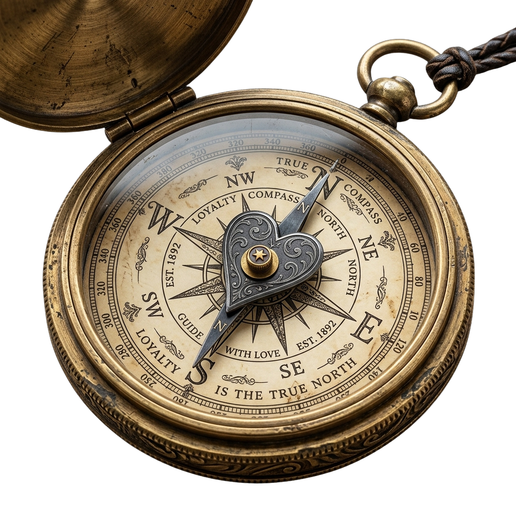 Antique pocket watch with a compass face featuring a heart-shaped pointer and engravings of loyalty and true north