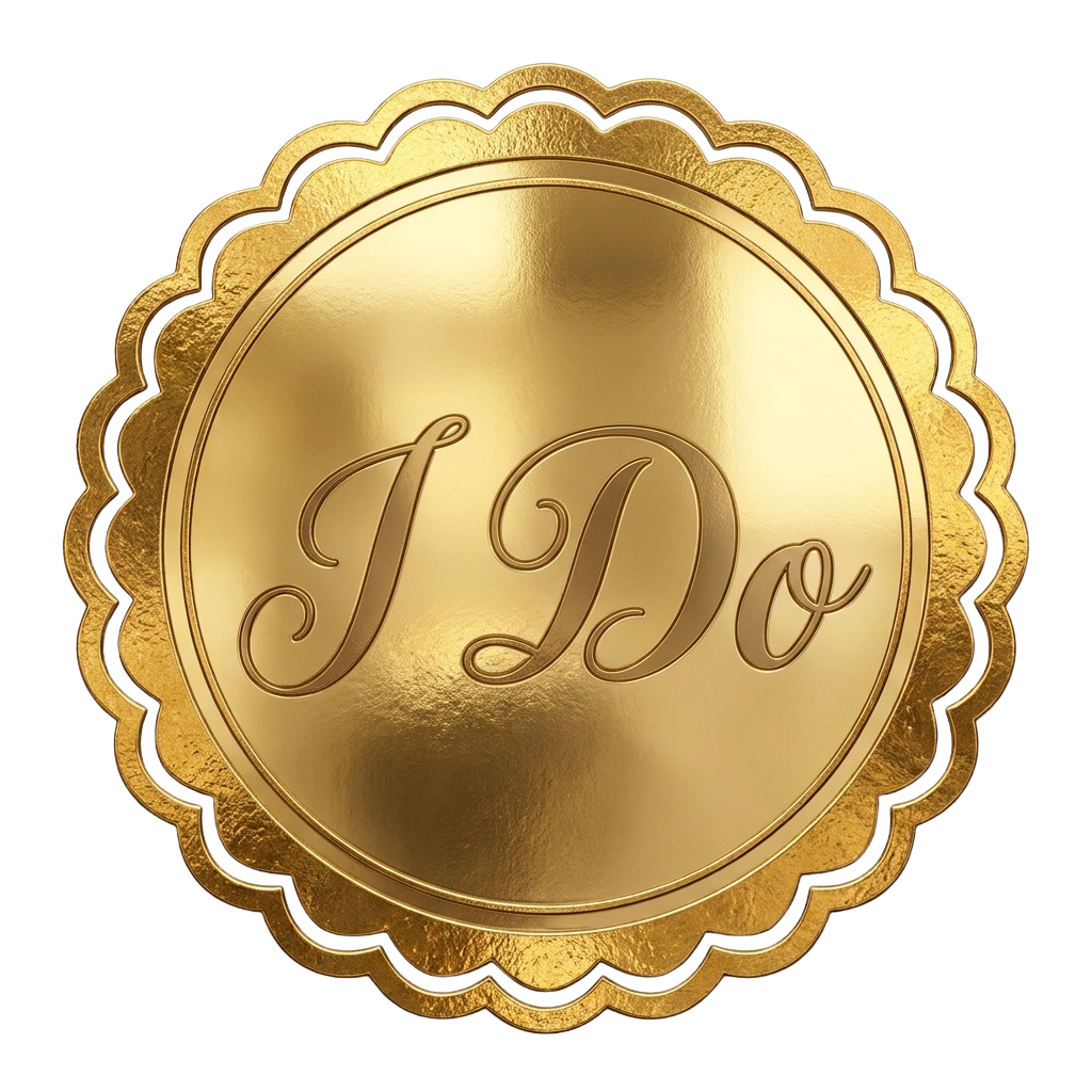 A shiny gold badge with scalloped edges and the monogram J Do embossed in cursive script