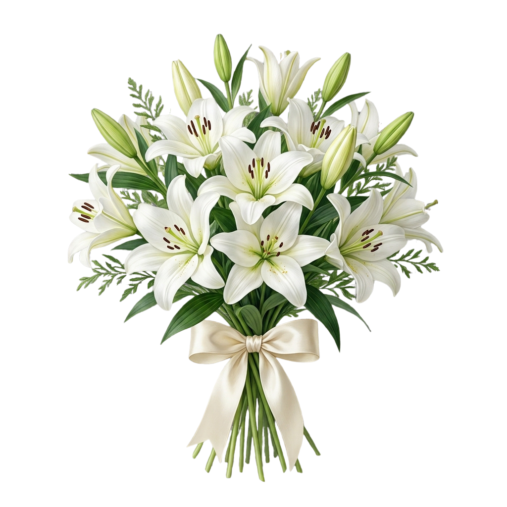 A bouquet of white lilies tied with a cream-colored ribbon against a black background