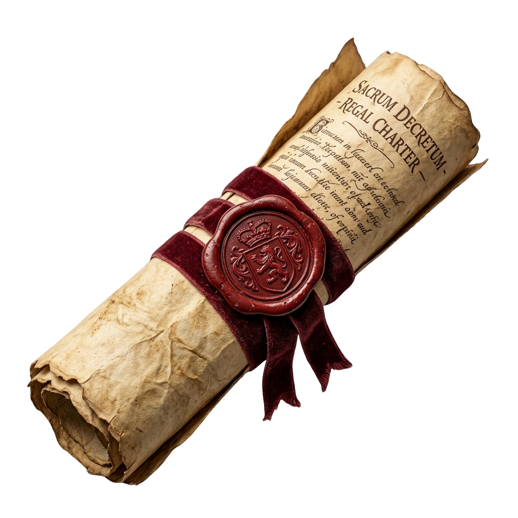 Aged parchment document labeled Sacrum Decretum tied with red ribbon and sealed with a wax stamp featuring a crest