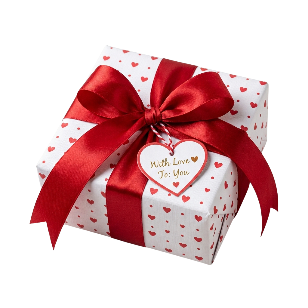 A gift box wrapped with red ribbon bow and heart pattern paper, featuring a heart-shaped tag saying With Love To You