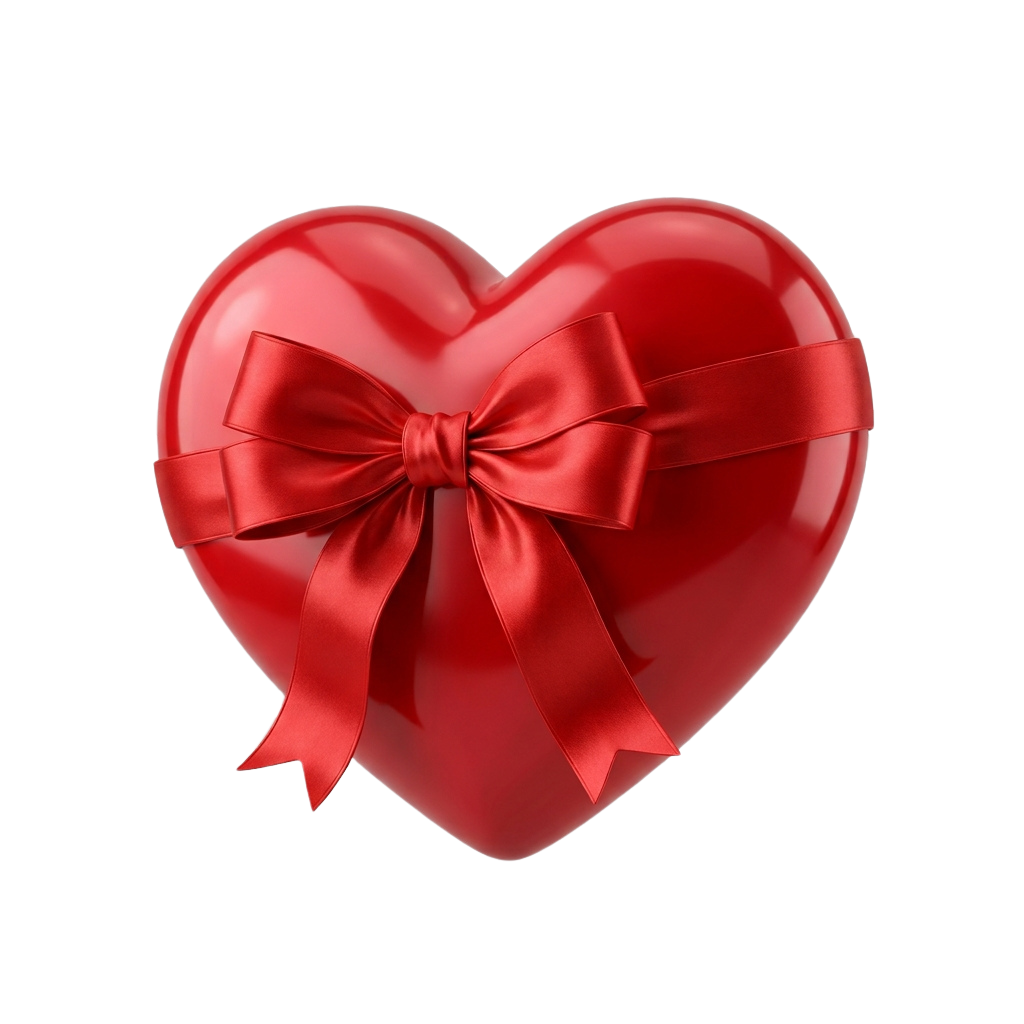 A shiny red heart-shaped gift box tied with a large red satin bow against a black background