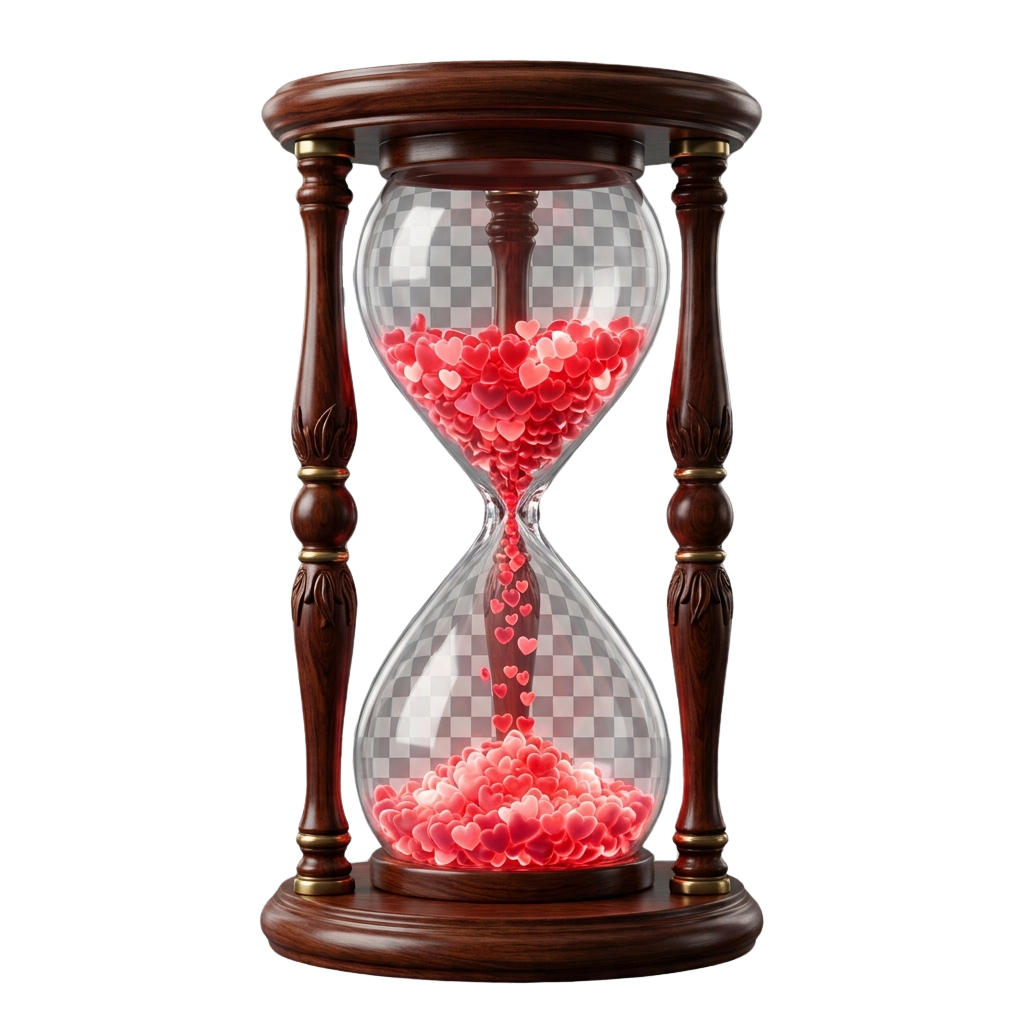 An hourglass with wooden frame and red heart-shaped items flowing from top to bottom