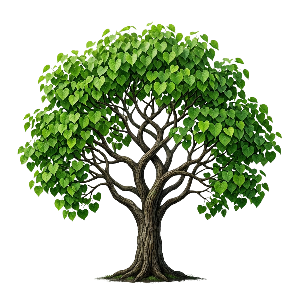 Illustration of a tree with a twisted trunk and abundant green leaves against a black background