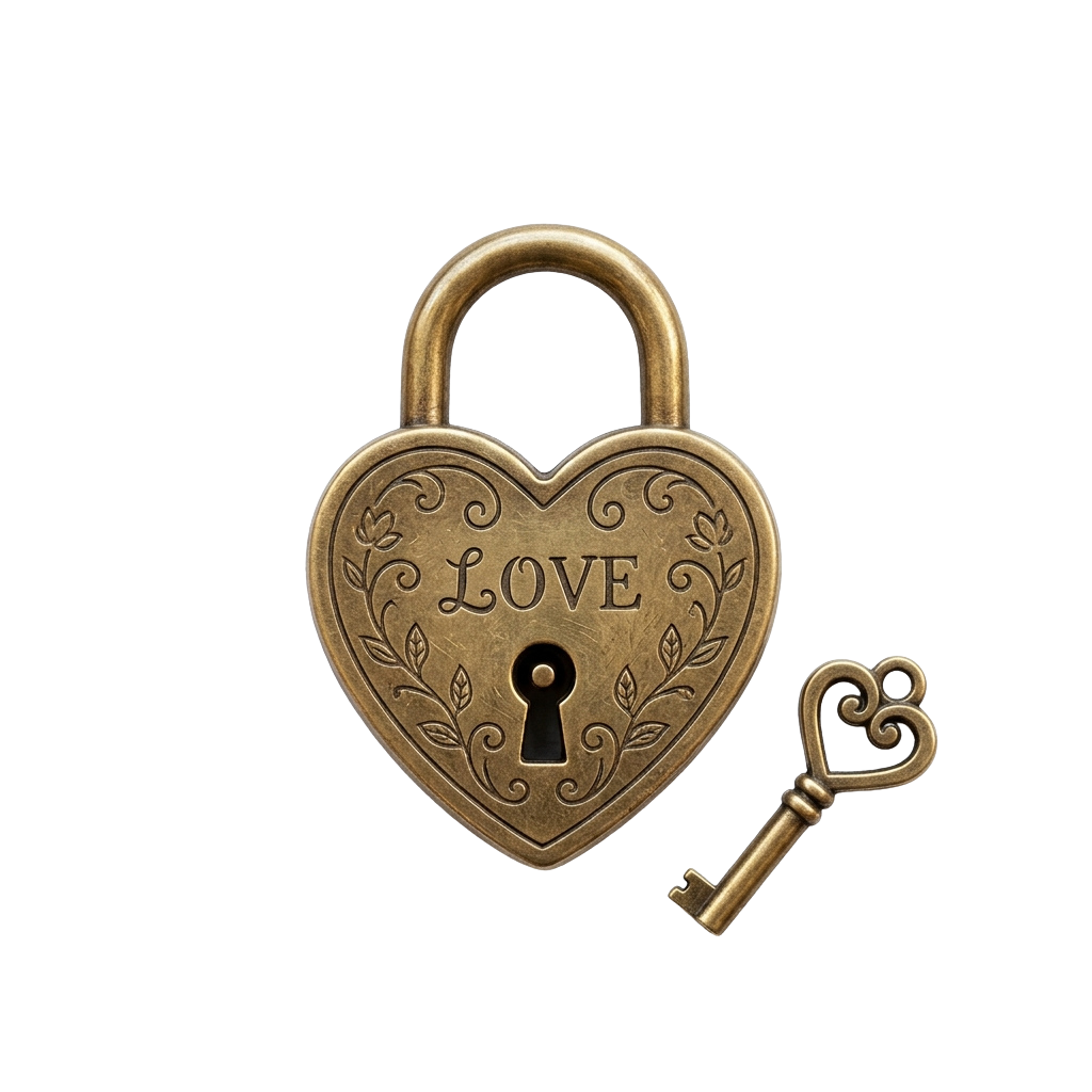 A heart-shaped padlock with the word LOVE engraved and a decorative key beside it