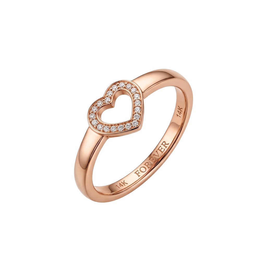 Rose gold ring with a heart shape encrusted with small diamonds and a forever band engraved with the word forever