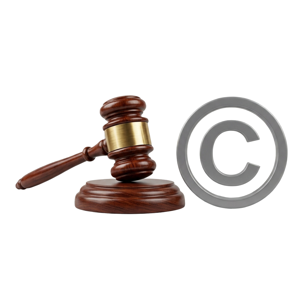 Wooden gavel next to a grey copyright symbol on black background