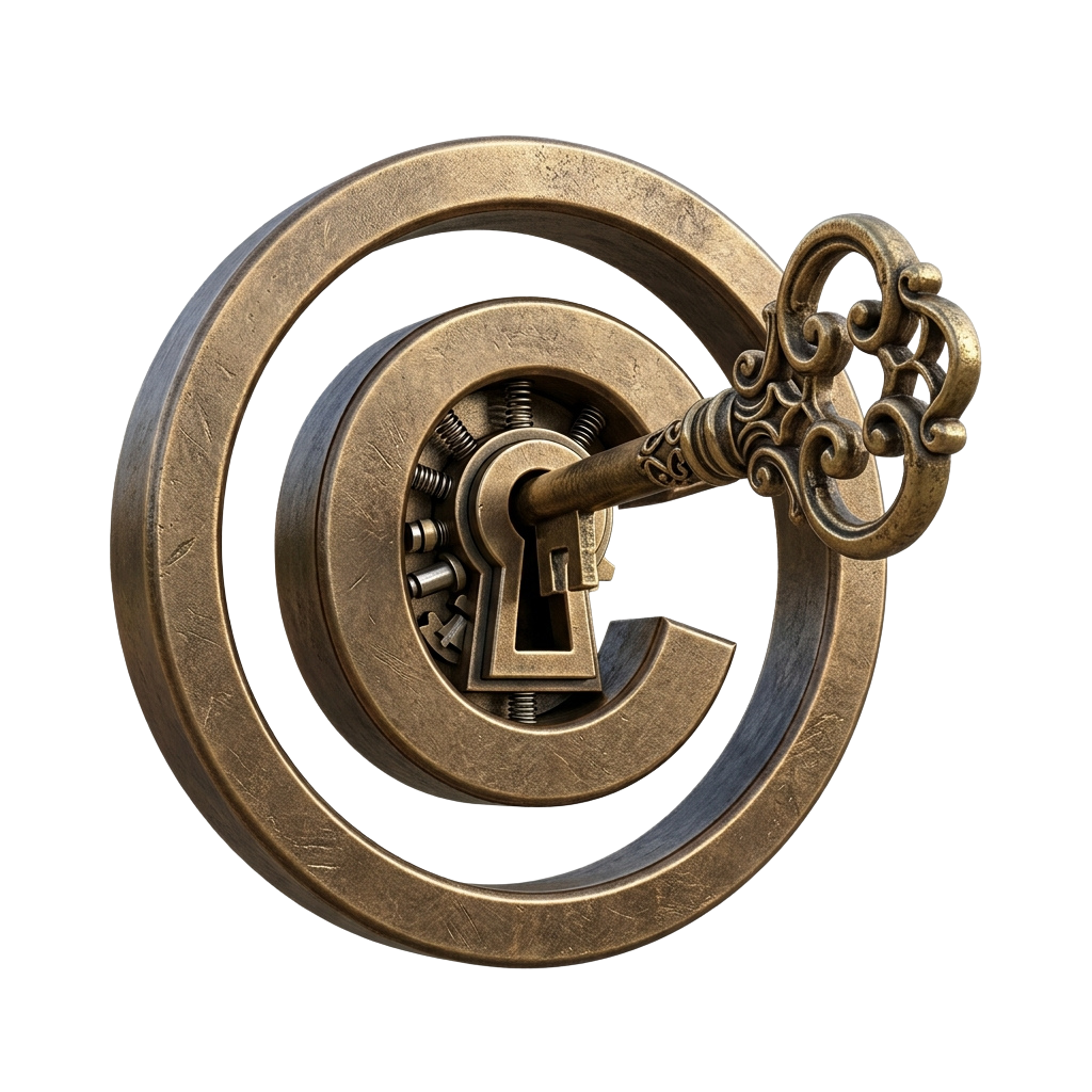 A decorative antique-style golden key inserted into a large ornate letter C lock symbol with concentric rings