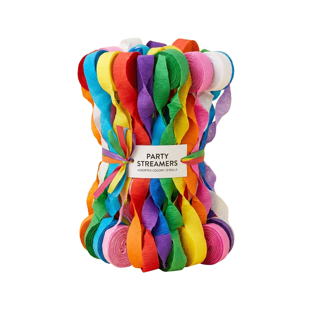 Bundle of twelve rolls of vibrant party streamers in assorted colors tied together