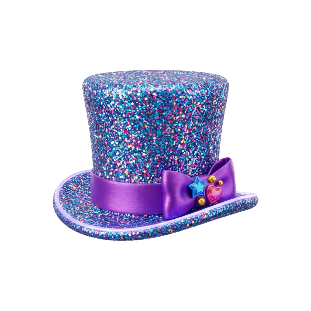 A glittery top hat with a purple band and decorative pins including a star, heart, and gemstones