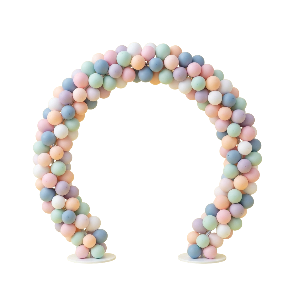 A decorative arch made of pastel-colored foam balls arranged in a semi-circle on two stands.