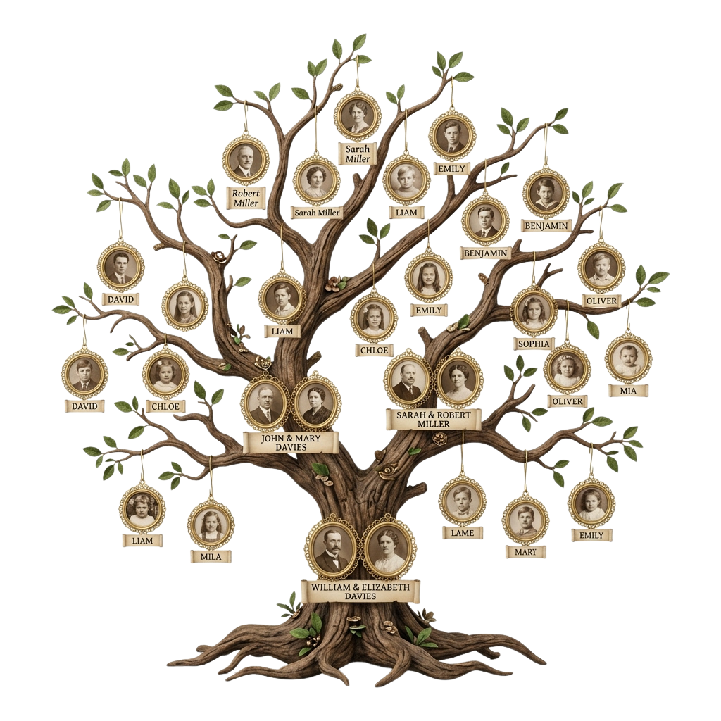 Illustration of a family tree with multiple generations and portraits of ancestors and descendants