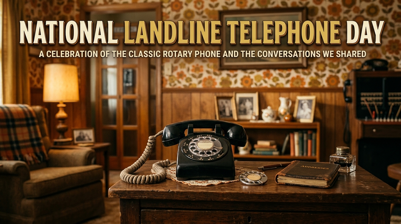 A black rotary phone on a wooden table in a vintage living room