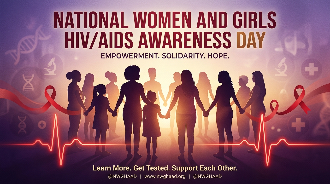 Silhouettes of diverse women and girls holding hands with a red ribbon and medical symbols