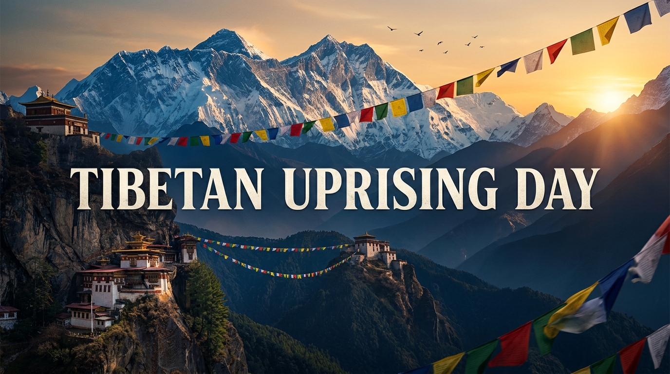 Buddhist monastery on a cliffside with prayer flags and snow-capped mountains