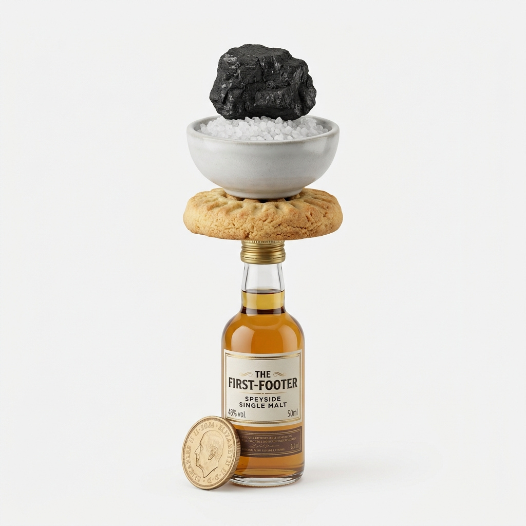Whisky bottle with a cookie, bowl of salt, and lump of coal stacked on top