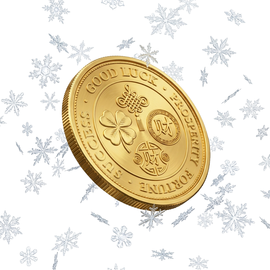 A shiny golden coin featuring a four-leaf clover and text, floating against a black background with white snowflakes