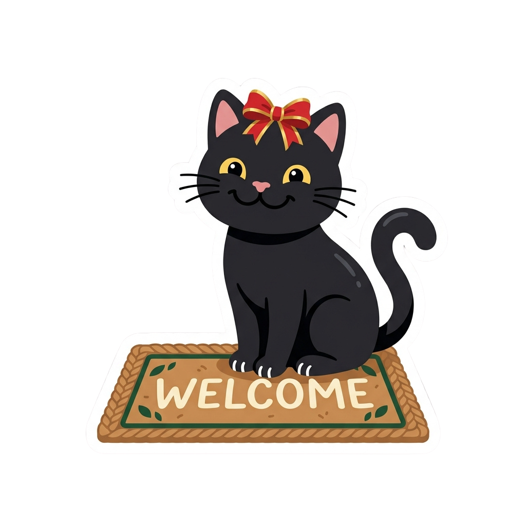 Black cat with a red bow sitting on a welcome mat with the word welcome written on it