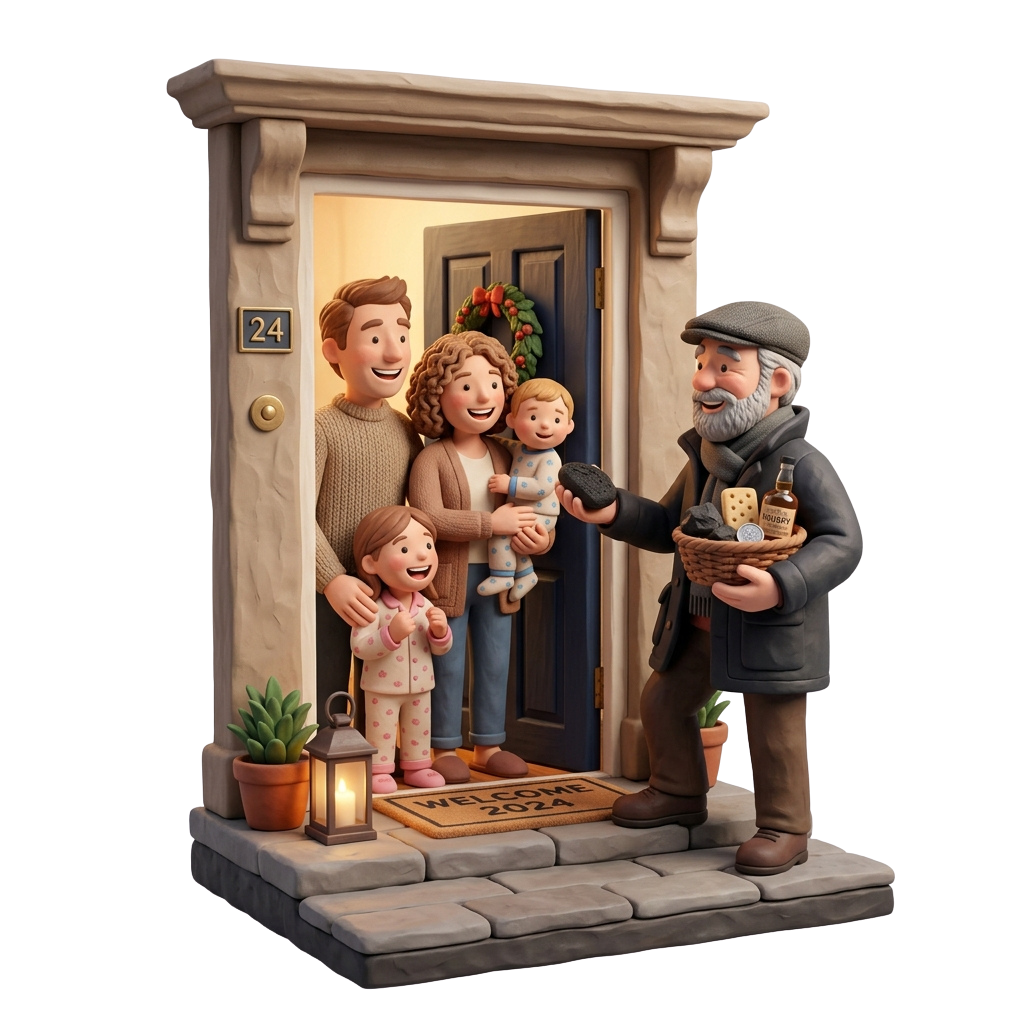 A cheerful family of four at their doorstep with an elderly man offering a basket of holiday treats and gifts.