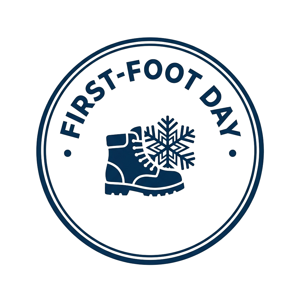 Blue circular badge with text First-Foot Day, a boot icon, and a snowflake graphic.