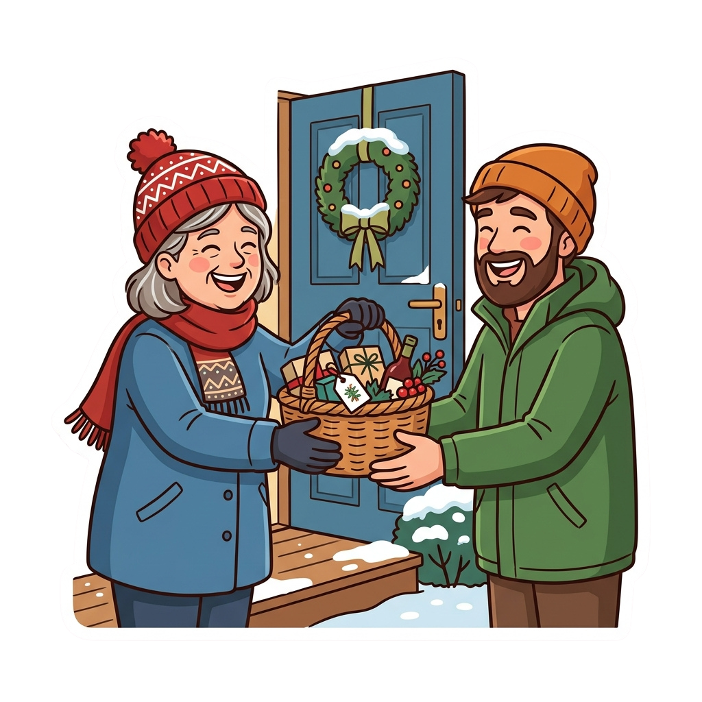Two smiling people exchanging a basket of holiday gifts in front of a snowy door with a wreath