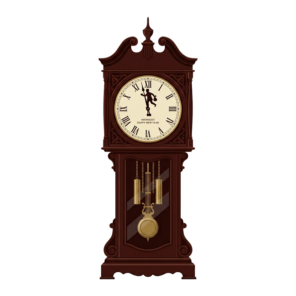 A decorative grandfather clock with a clock face showing midnight and a silhouette of a dancing figure, labeled Happy New Year.