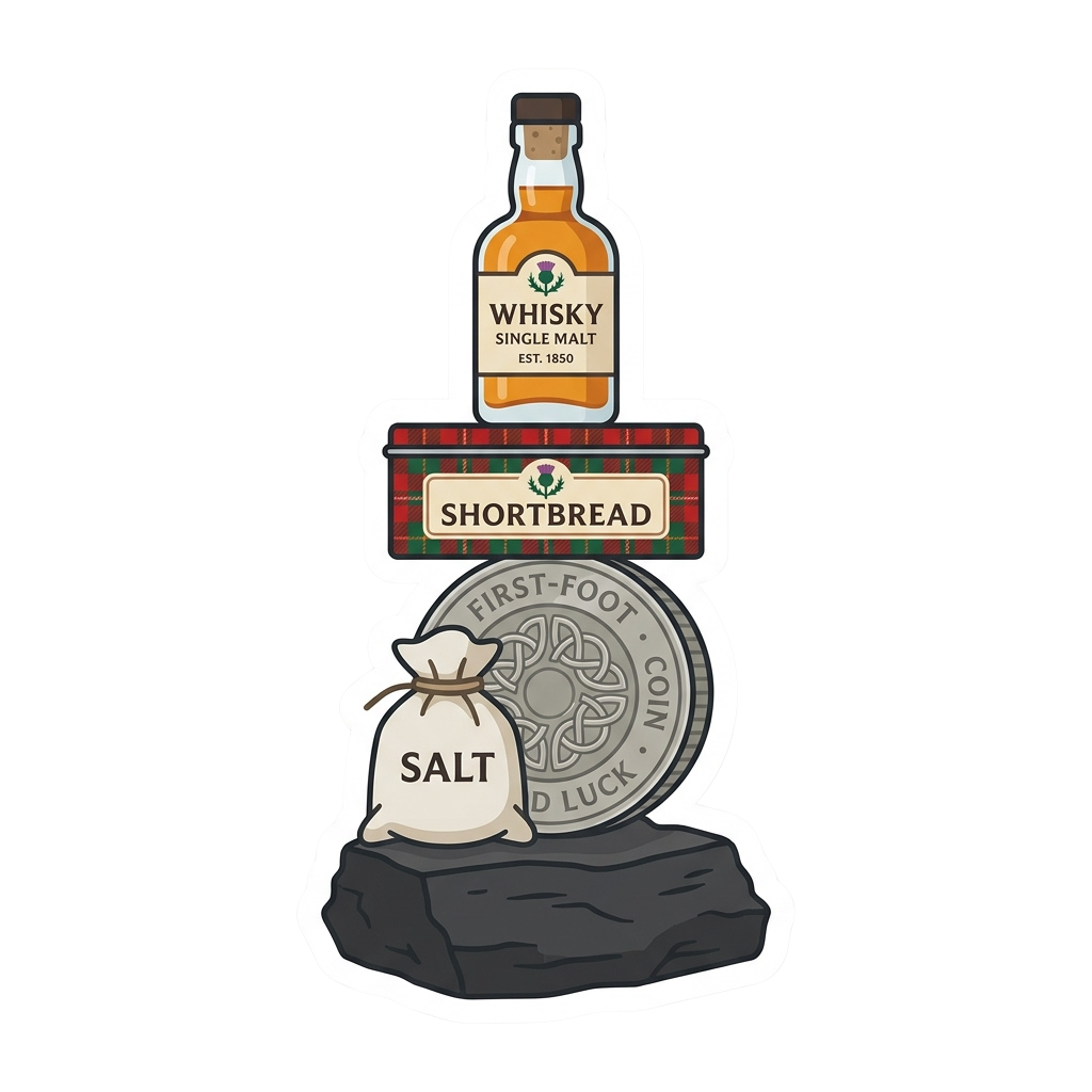 Illustration showing whisky bottle, shortbread tin, salt bag, and first-foot coin on a rock