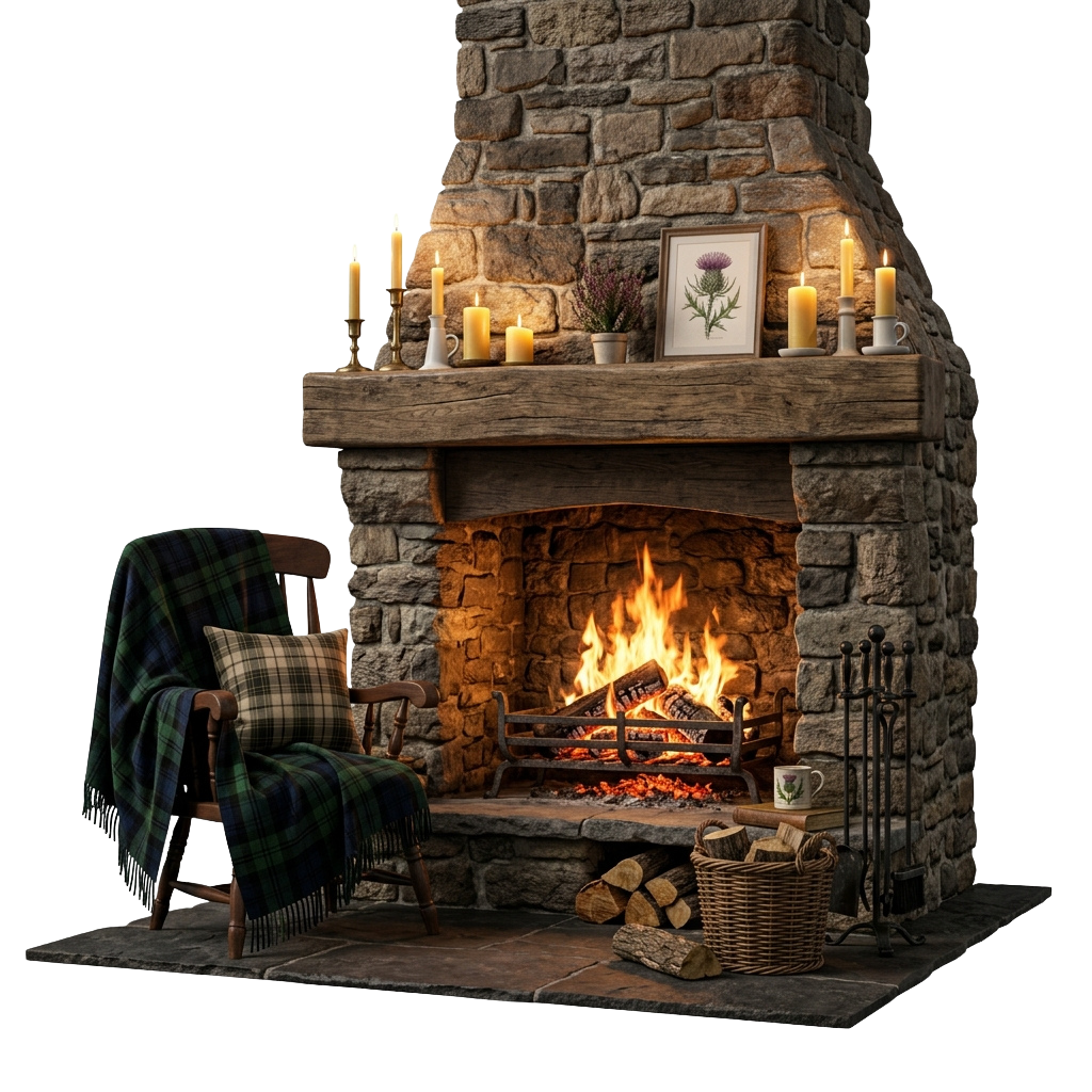 A rustic stone fireplace with a roaring fire, surrounded by candles, a plaid armchair, and decorative elements.