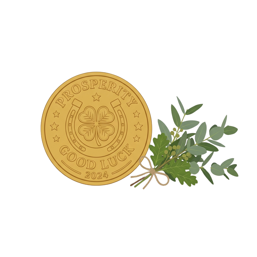Golden coin with prosperity and good luck text, a four-leaf clover, and a small plant tied with a ribbon.