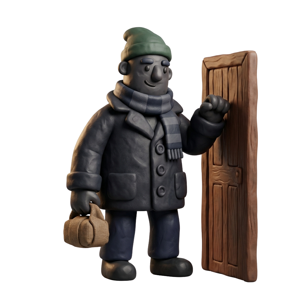 A cheerful cartoon character in a green hat and coat holding a door with a bag in hand