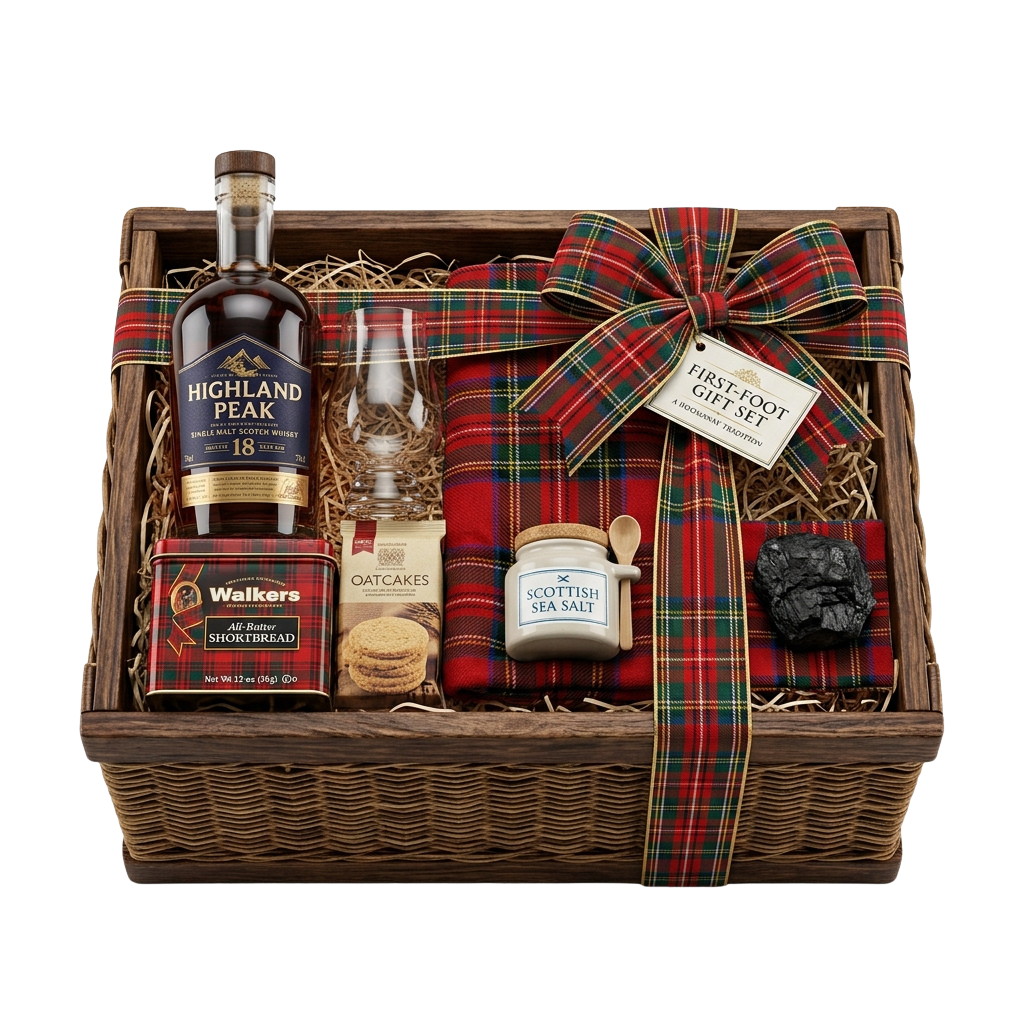 Gift basket containing whisky bottle, shortbread, oatcakes, sea salt, and tartan cloth with a decorative bow