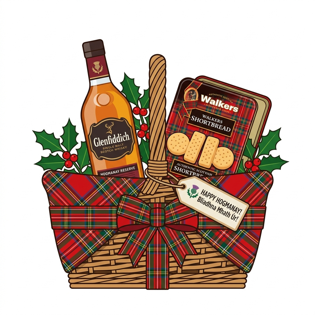 A festive gift basket containing a bottle of whisky, shortbread cookies, a wooden spoon, and holiday greenery.